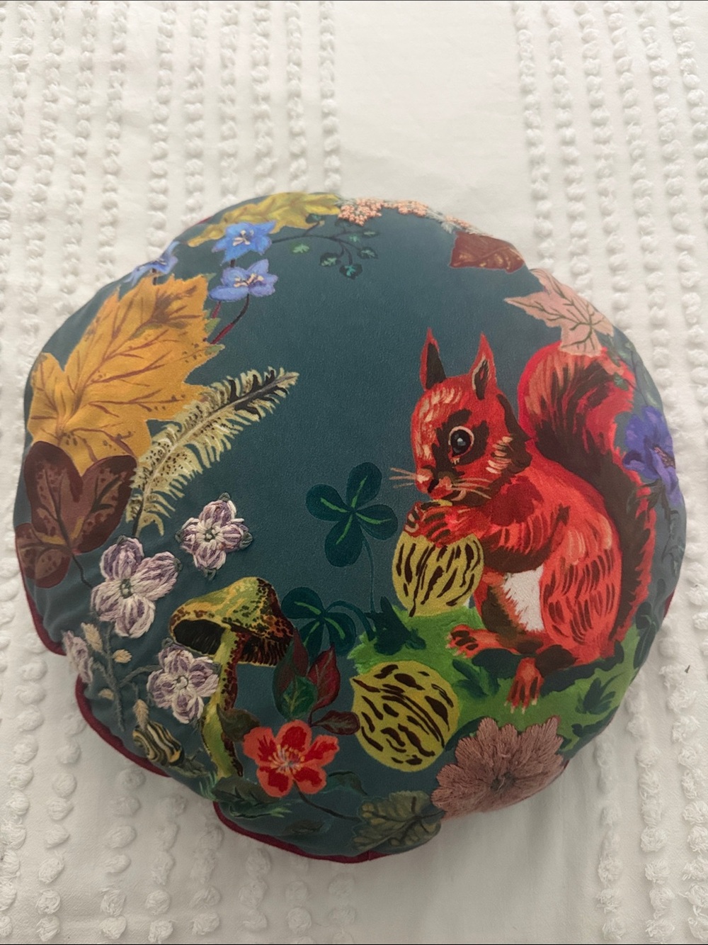 Natalie Lete Round Decorative Cushion with Red Squirrel Print from Anthropologie